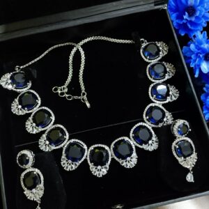 Blue Ad Stone Necklace With Earring Pair