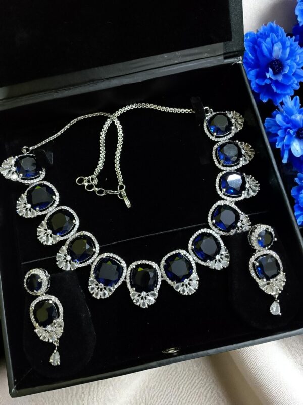 Blue Ad Stone Necklace With Earring Pair