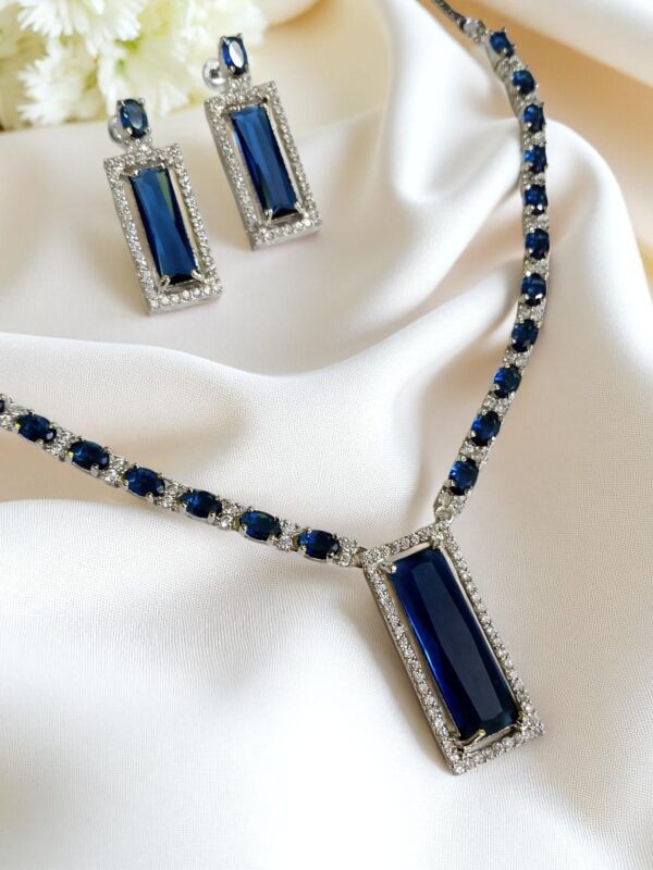 Elegant Blue AD Necklace with Earrings | Rectangular Pendant Set | American Diamond Jewelry - Image 2