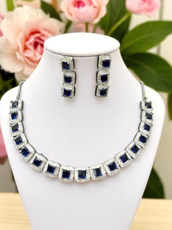 Elegant Blue AD Stone Necklace & Earring Set - Image 2