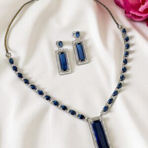 Elegant Blue AD Necklace with Earrings | Rectangular Pendant Set | American Diamond Jewelry