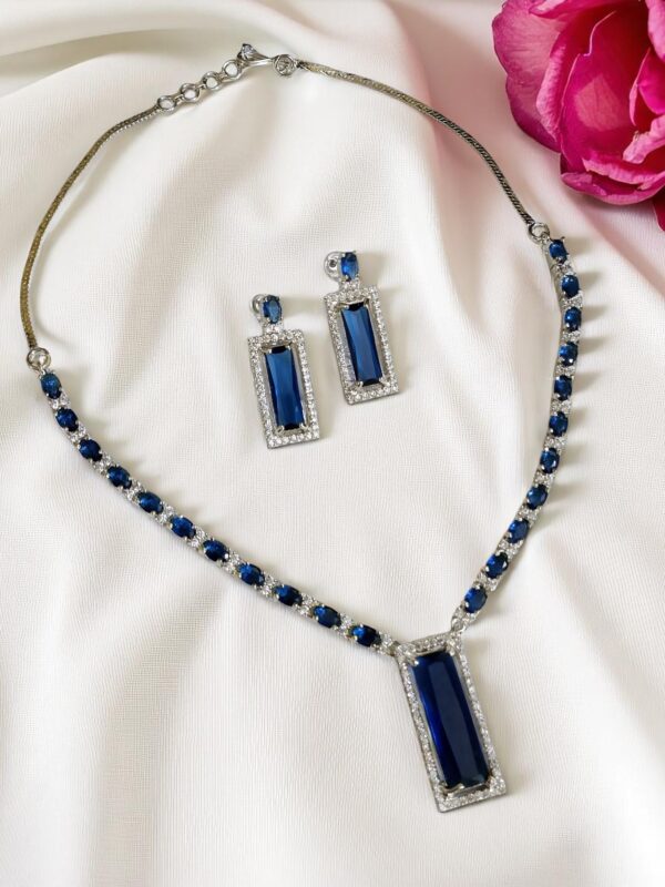 Elegant Blue AD Necklace with Earrings | Rectangular Pendant Set | American Diamond Jewelry