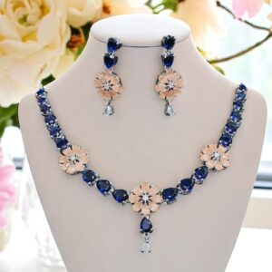 Floral Blue & Peach AD Stone Necklace Set with Earrings