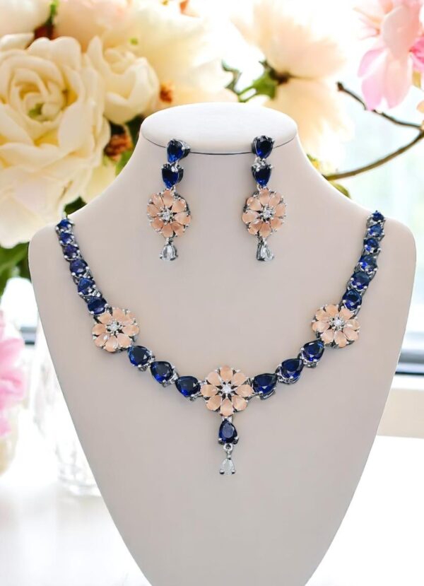 Floral Blue & Peach AD Stone Necklace Set with Earrings