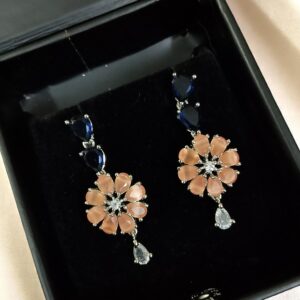Blue & Orange Dual Color Flower Stone Earring Pair