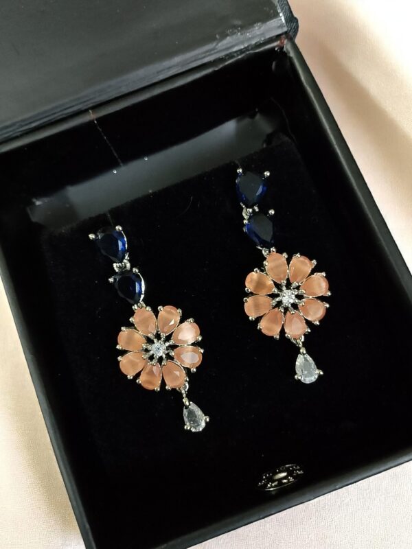 Blue & Orange Dual Color Flower Stone Earring Pair