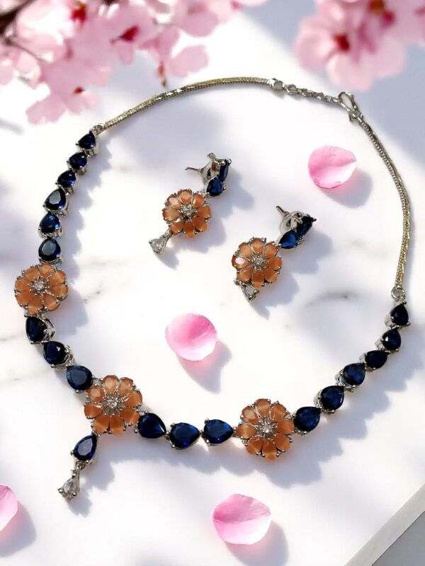 Floral Blue & Peach AD Stone Necklace Set with Earrings - Image 3