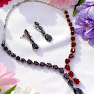 Striking Purple & Red AD Stone Necklace Set with Earrings