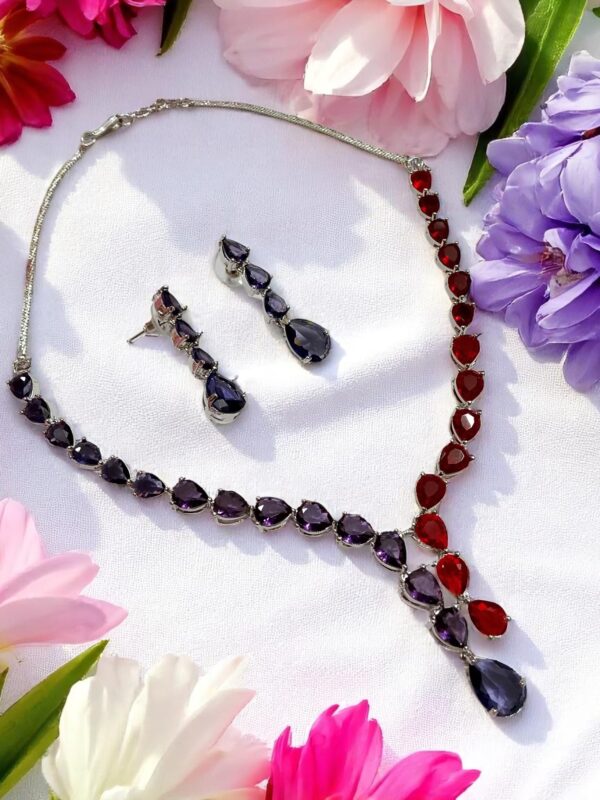 Striking Purple & Red AD Stone Necklace Set with Earrings