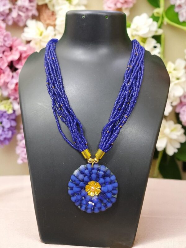 Blue Beads Necklace with Flower Pendent - Image 2