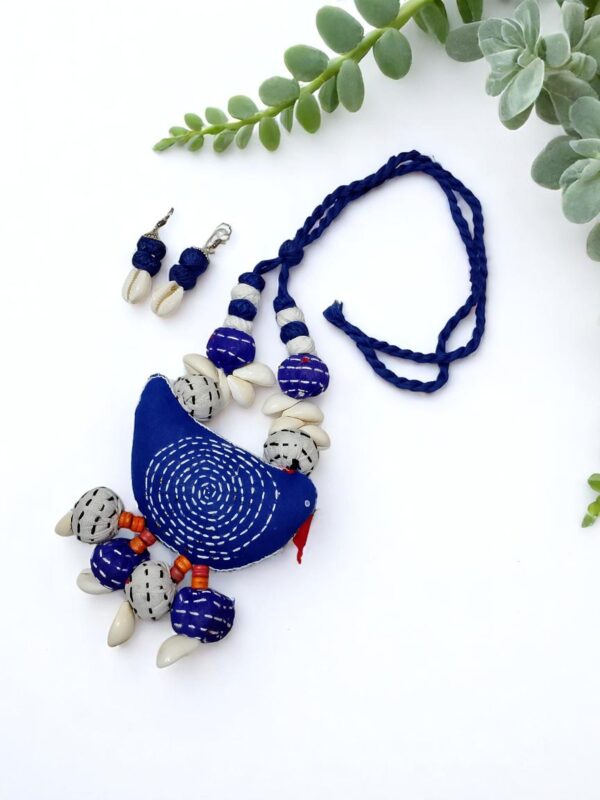 Colorful Handcrafted Fabric Blue Bird Necklace & Earring Set - Image 2