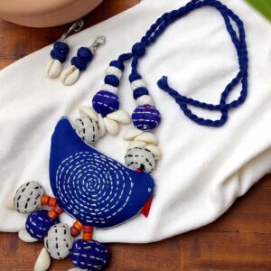Colorful Handcrafted Fabric Blue Bird Necklace & Earring Set