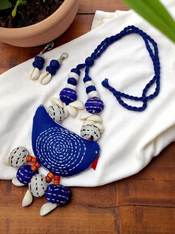Colorful Handcrafted Fabric Blue Bird Necklace & Earring Set