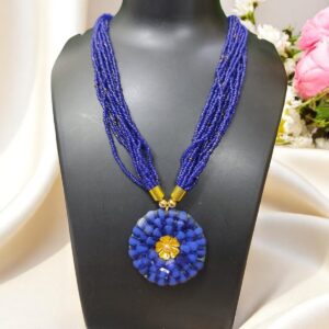 Blue Beads Necklace with Flower Pendent