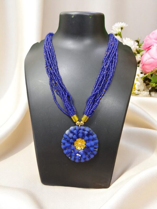 Blue Beads Necklace with Flower Pendent
