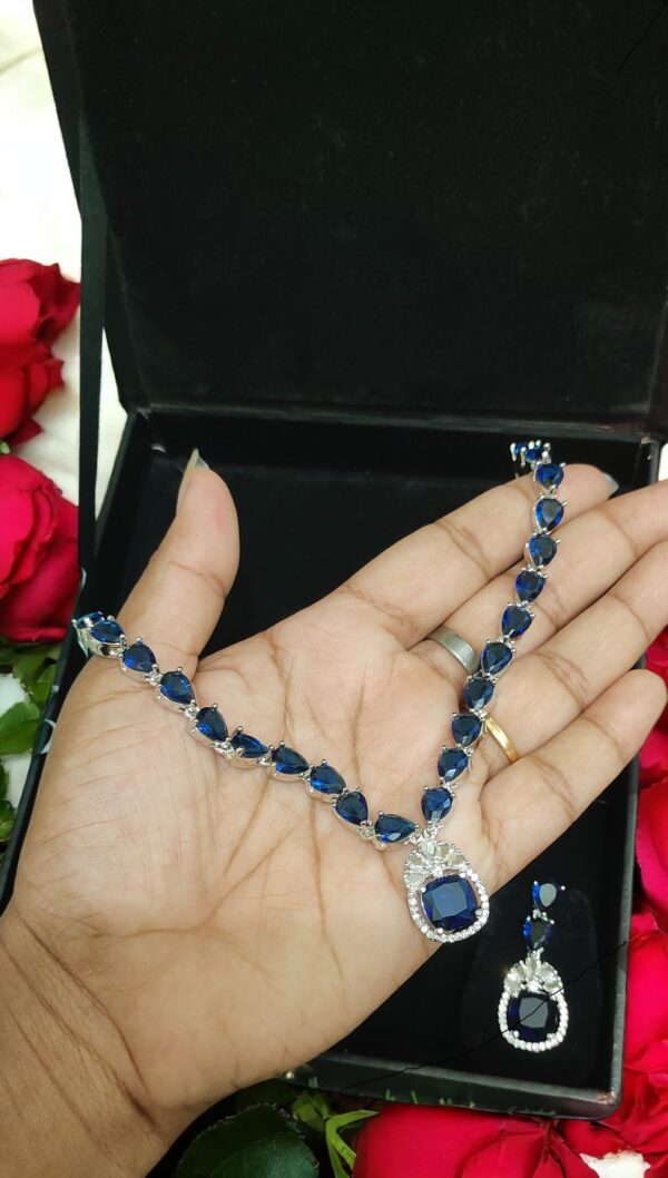 Radiant Blue American Diamond Necklace Set - Image 2