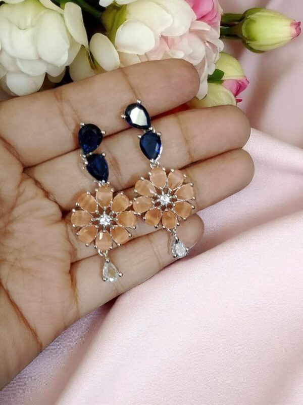 Blue & Orange Dual Color Flower Stone Earring Pair - Image 2