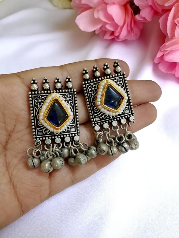 Blue Stone Oxidised Earrings with Ghungroo - Image 2