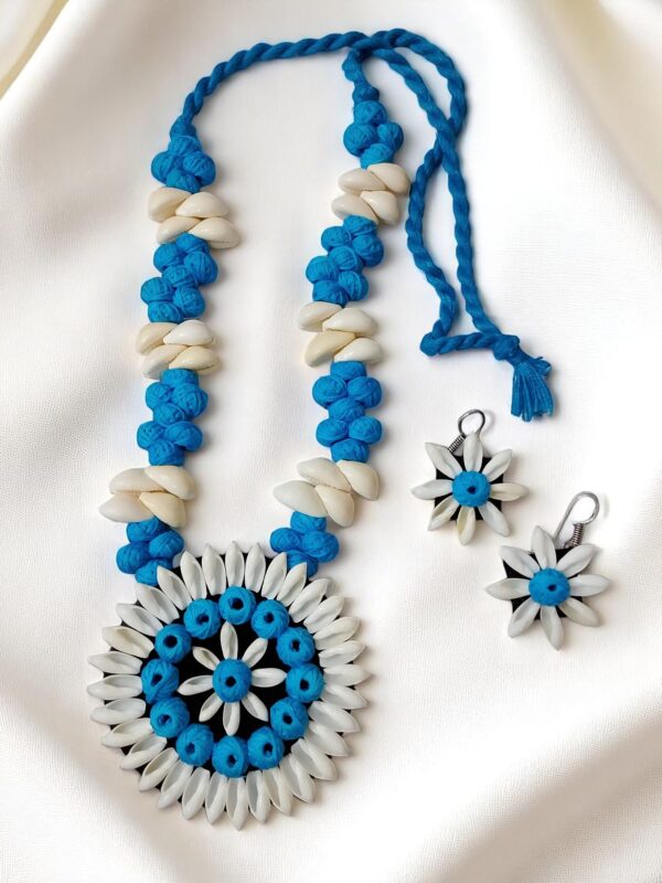 Blue & White Handmade Real Sea Shells Necklace With Earring - Image 3