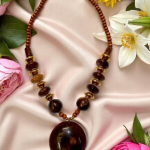 Elegant Brown, Red, Rani Chemical Beads Necklace 3 Pcs Set