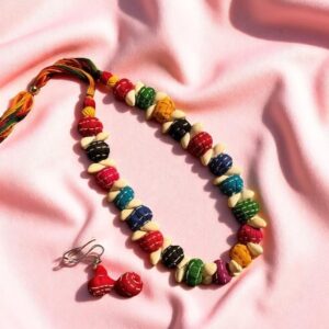 Vibrant Handmade Cotton Ball Necklace with Earrings