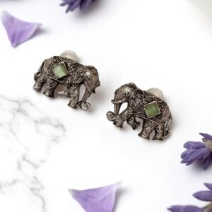 Oxidised Elephant Motif Mint Color Stud Earrings