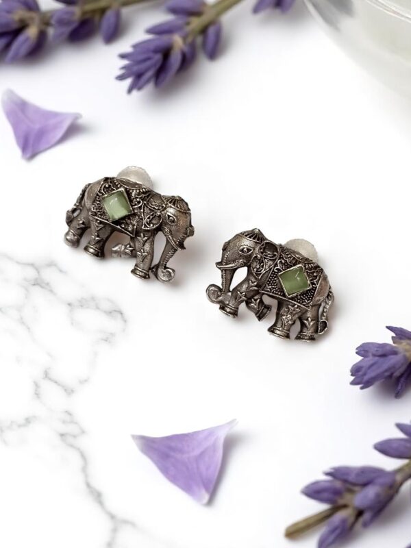 Oxidised Elephant Motif Mint Color Stud Earrings