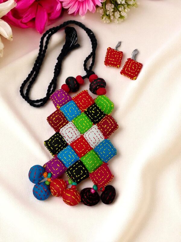 Colorful Handcrafted Fabric Patchwork Necklace & Earring Set - Image 2