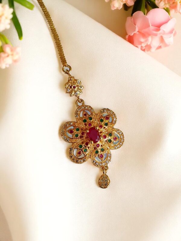 Traditional Golden Floral Maangtikka with Multicolor Stones - Image 2