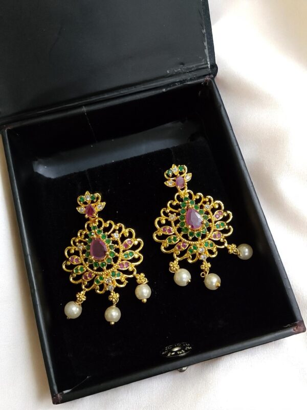 Gold Plated Ad Stone Earrings with Pearl - Image 2