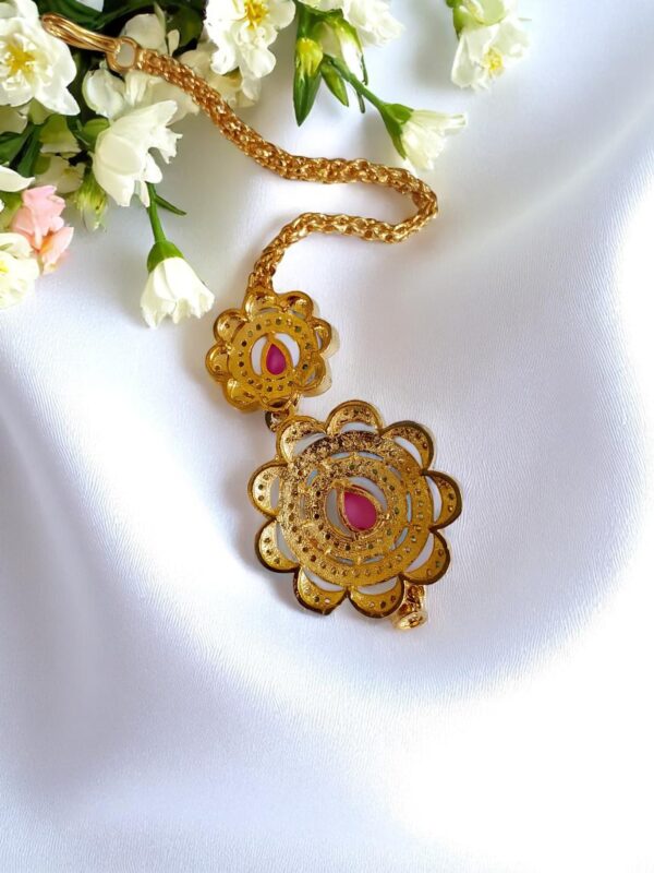 Golden Round Maangtikka with Ruby Red Stones - Image 3