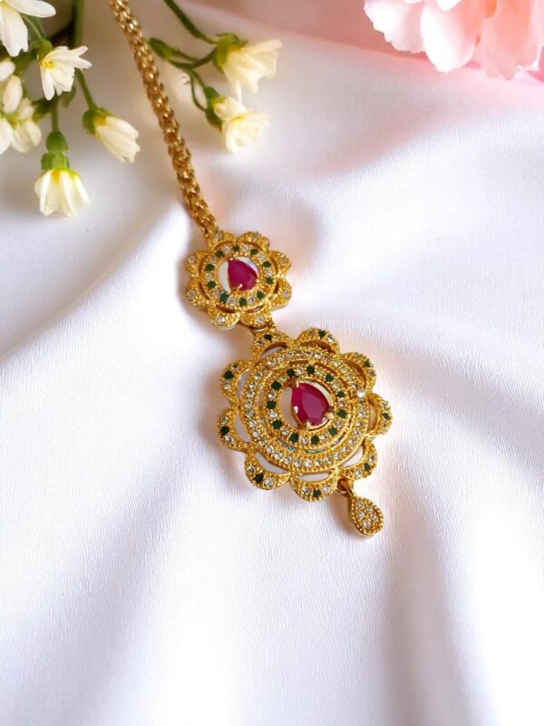 Golden Round Maangtikka with Ruby Red Stones - Image 2