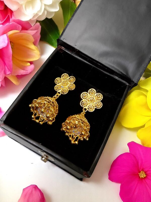 Elegant Golden Jhumka Earrings with Floral Motif