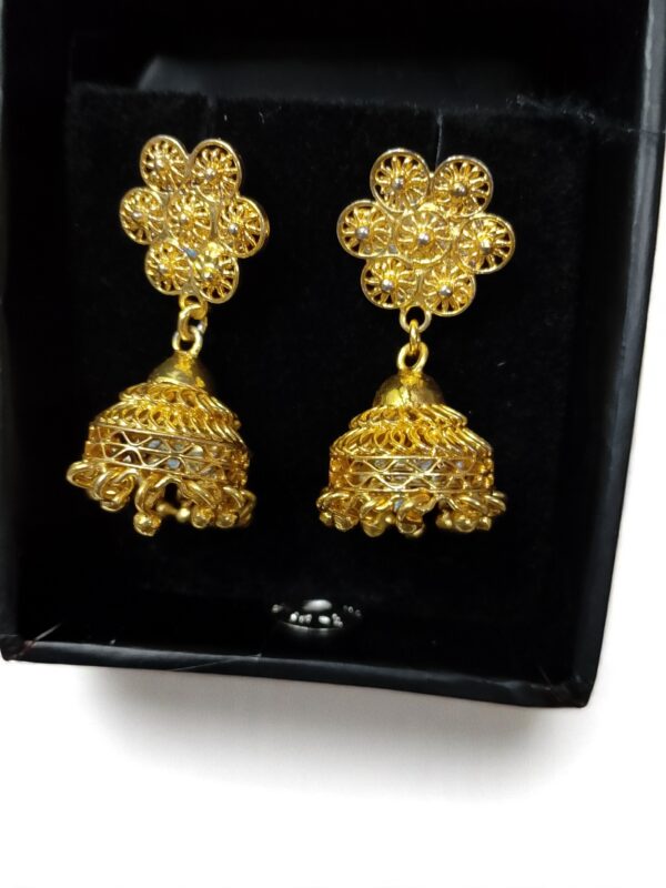 Elegant Golden Jhumka Earrings with Floral Motif - Image 2