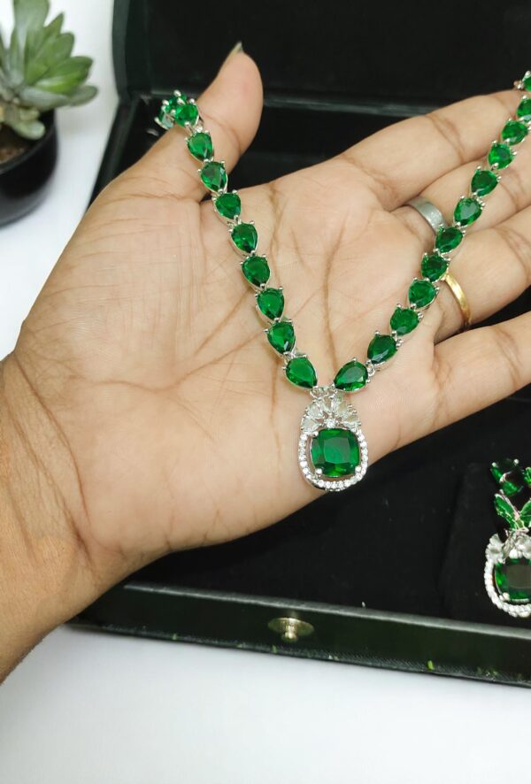 Radiant Green American Diamond Necklace Set - Image 3