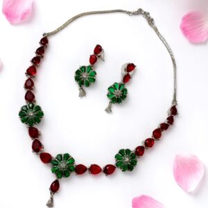 Floral Red & Green AD Stone Necklace Set with Earrings
