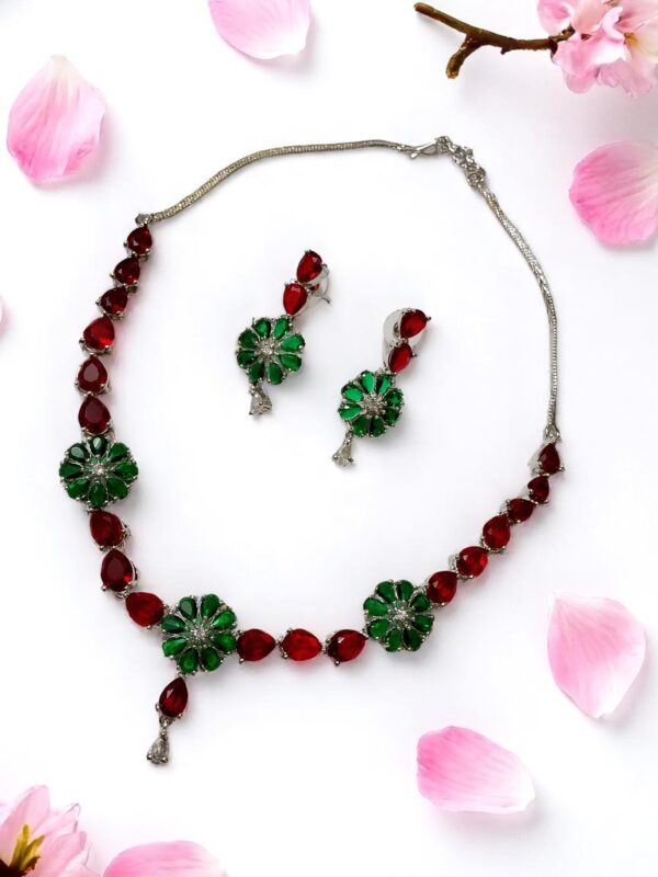 Floral Red & Green AD Stone Necklace Set with Earrings