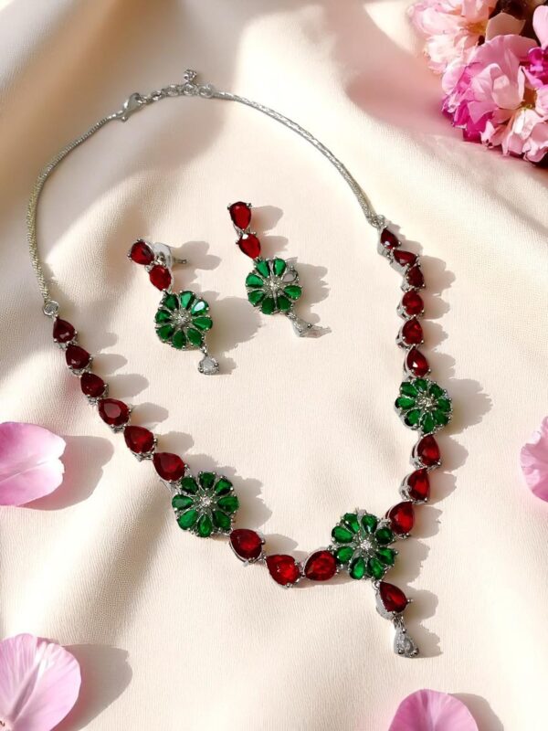 Floral Red & Green AD Stone Necklace Set with Earrings - Image 2