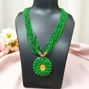 Green Beads Necklace with Flower Pendent