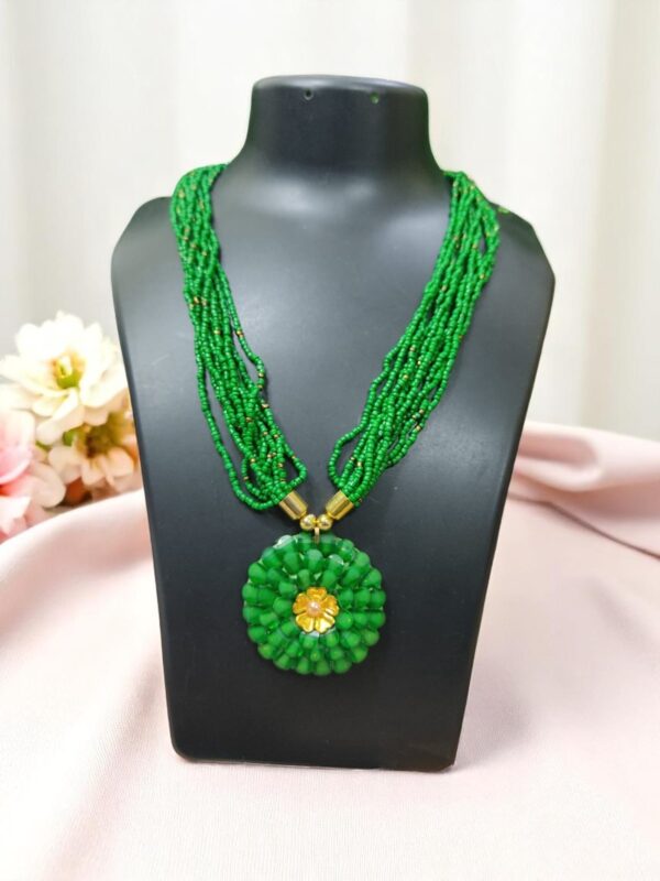 Green Beads Necklace with Flower Pendent