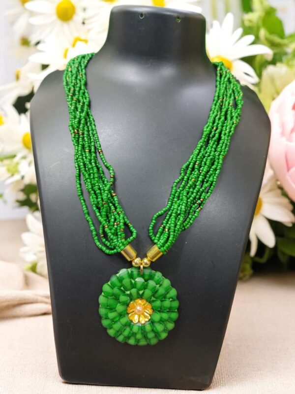 Green Beads Necklace with Flower Pendent - Image 2