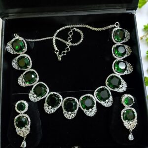 Green Ad Stone Necklace With Earring Pair