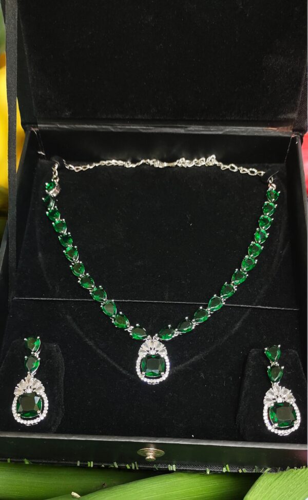 Radiant Green American Diamond Necklace Set - Image 2