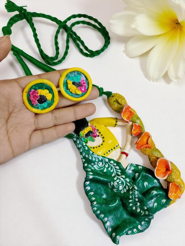 Handmade Necklace Featuring Woman in Green Saree | Clay Art Statement Necklace | Boho Folk Jewelry Set (Copy) - Image 3