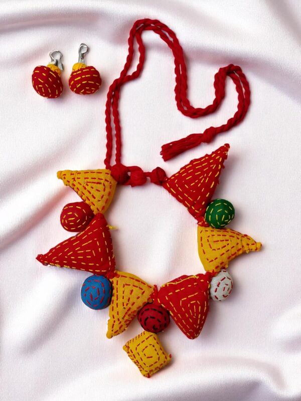 Multicolor Handmade Fabric Necklace With Earring