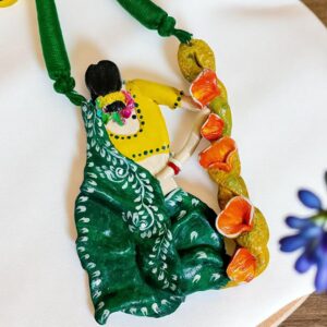 Handmade Necklace Featuring Woman in Green Saree | Clay Art Statement Necklace | Boho Folk Jewelry Set (Copy)
