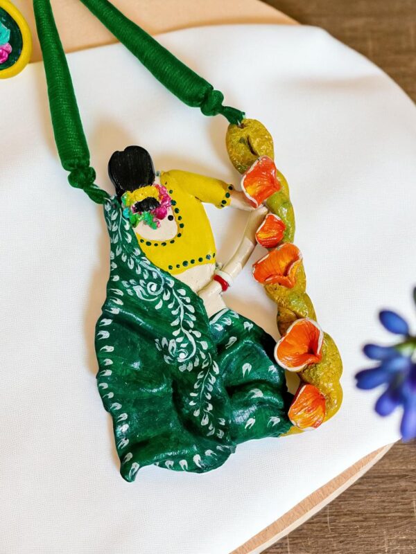 Handmade Necklace Featuring Woman in Green Saree | Clay Art Statement Necklace | Boho Folk Jewelry Set (Copy)