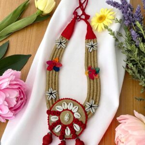 Handmade Ethnic Jute Necklace with Cowrie Shells & Thread Work