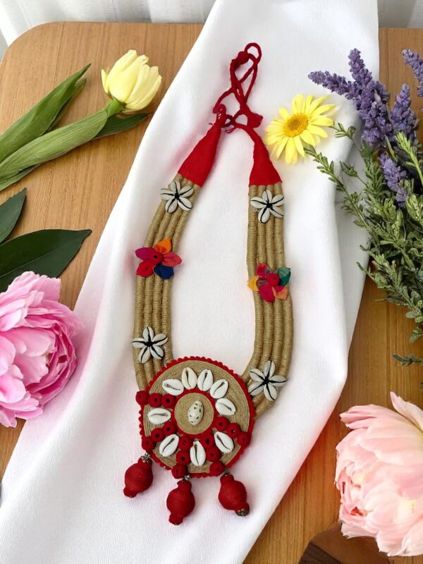 Handmade Ethnic Jute Necklace with Cowrie Shells & Thread Work