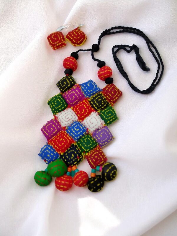 Colorful Handcrafted Fabric Patchwork Necklace & Earring Set